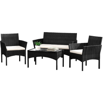 4ピースのウィッカー製屋外パティオ会話用座席セット、白いクッションとコーヒーテーブル付き